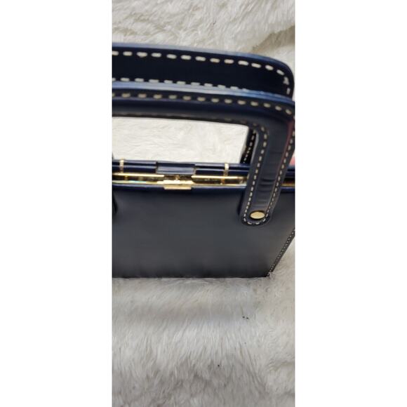 Vintage 1960's Dark Navy Gold Accent Leather Womens Lined Snap Closure Handbag - Picture 5 of 11